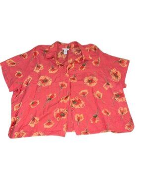 Avenue Womens Floral Print Short Sleeve Blouse Size 30/32 Linen & Rayon Pink